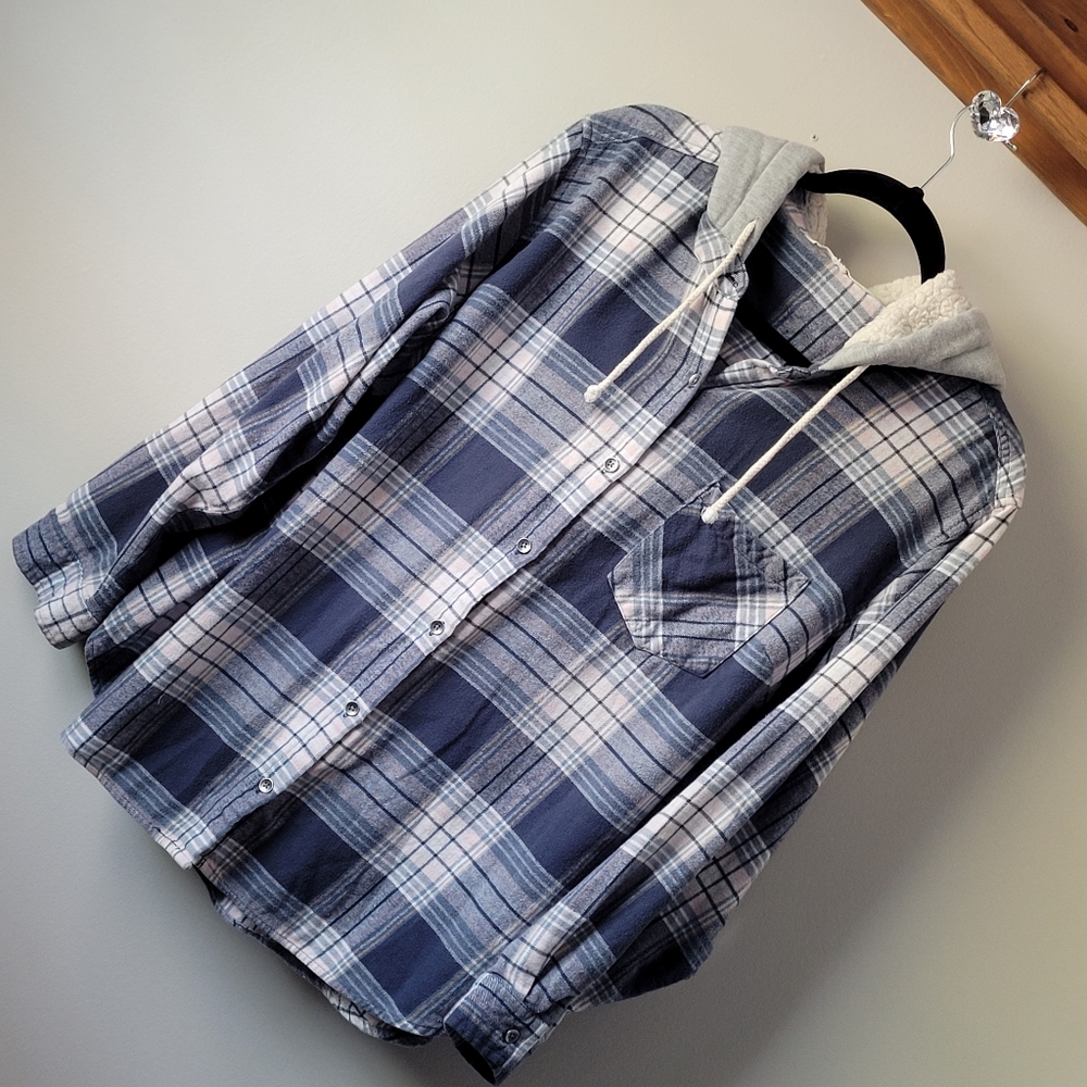 VANILLA STAR Blue Flannel Long Sleeve Button Down Hoodie Junior Women's XXL
